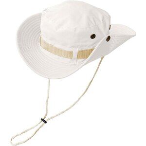 Unisex White 100% Polyester Wide Brim Boonie With Chin Strap Classic Hiking Hat